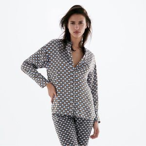 Zara New Blouse Buttoned Blue White Patterned Top Size XS